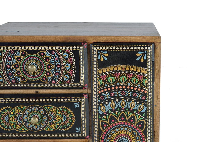 GINER Y COLOMER - Buffet téléphonique en bois de manguier avec 4 tiroirs et 1 porte, détails peints à la main, 60x45x30 cm (LxHxP), naturel et multicolore